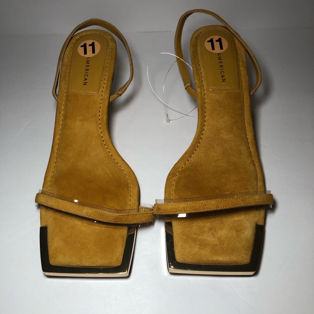 Good American Gold/Yellow Suede Strappy Heeled Sandals Gold Trim Women’s 11